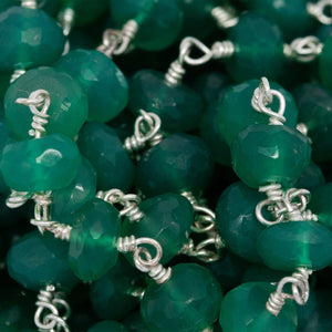 Brass Silver Plated 6.3mm Width by 3.6mm Length Natural Hand Cut Green Onyx Stone, Gem Stone Chain. Price per: 1 Inch.