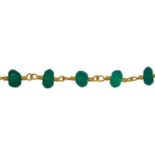 Chain by Foot. Brass Gold Plated 5.3mm Width by 3.0mm Length Natural Hand Cut Green Onyx Stone, Gem Stone Chain. Price per: 1 Inch.