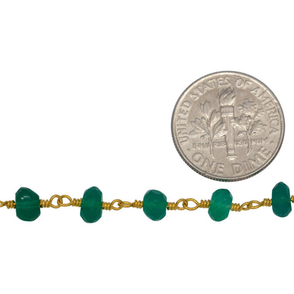 Brass Gold Plated 5.3mm Width by 3.0mm Length Natural Hand Cut Green Onyx Stone, Gem Stone Chain. Price per: 1 Inch.