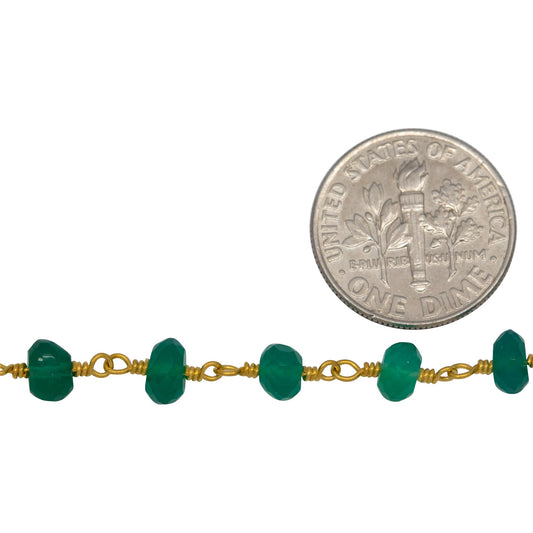 Brass Gold Plated 5.3mm Width by 3.0mm Length Natural Hand Cut Green Onyx Stone, Gem Stone Chain. Price per: 1 Inch.
