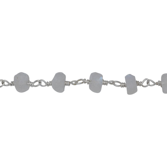 Chain by Foot. Brass Silver Plated 5.8mm Width by 3.1mm Length Natural Hand Cut Moon Stone Stone, Gem Stone Chain. Price per: 1 Inch.