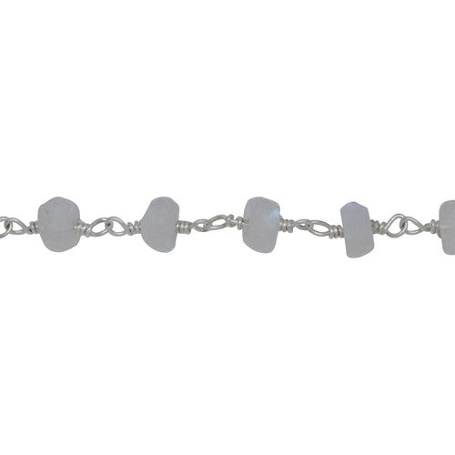 Chain by Foot. Brass Silver Plated 5.8mm Width by 3.1mm Length Natural Hand Cut Moon Stone Stone, Gem Stone Chain. Price per: 1 Inch.