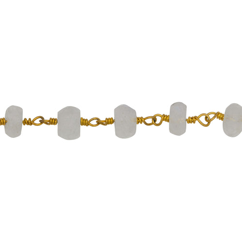 Chain by Foot. Brass Gold Plated 5.8mm Width by 3.1mm Length Natural Hand Cut Moon Stone Stone, Gem Stone Chain. Price per: 1 Inch.