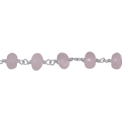 Chain by Foot. Brass Silver Plated 6.3mm Width by 4.0mm Length Natural Hand Cut Rose Quartz, Gem Stone Chain. Price per: 1 Inch.