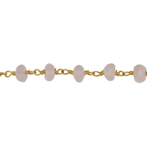 Chain by Foot. Brass Gold Plated 6.3mm Width by 4.0mm Length Natural Hand Cut Rose Quartz, Gem Stone Chain. Price per: 1 Inch.