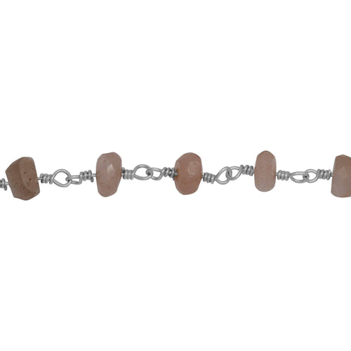 Chain by Foot. Brass Silver Plated 5.7mm Width by 3.5mm Length Natural Hand Cut Peach Moon Stone, Gem Stone Chain. Price per: 1 Inch.