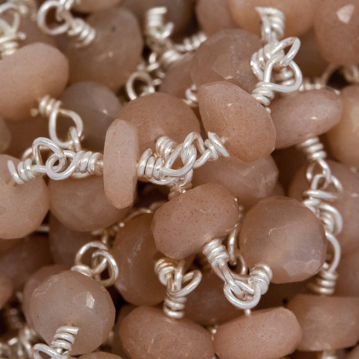 Brass Silver Plated 5.7mm Width by 3.5mm Length Natural Hand Cut Peach Moon Stone, Gem Stone Chain. Price per: 1 Inch.