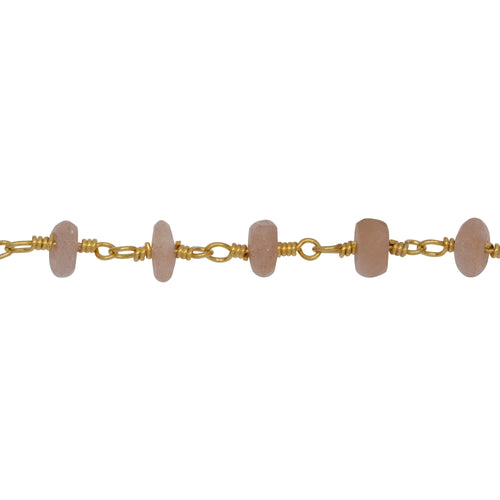 Chain by Foot. Brass Gold Plated 5.7mm Width by 3.5mm Length Natural Hand Cut Peach Moon Stone, Gem Stone Chain. Price per: 1 Inch.