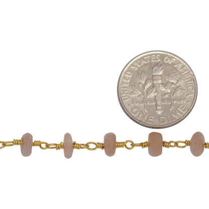 Brass Gold Plated 5.7mm Width by 3.5mm Length Natural Hand Cut Peach Moon Stone, Gem Stone Chain. Price per: 1 Inch.