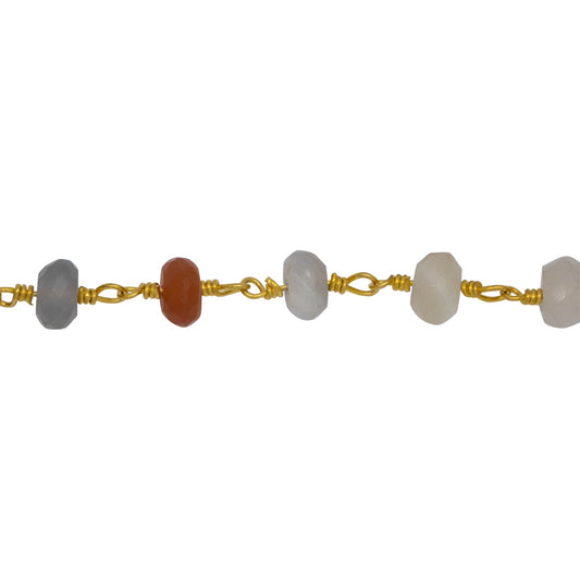 Chain by Foot. Brass Gold Plated 5.9mm Width by 3.8mm Length Natural Hand Cut Moon Stone, Gem Stone Chain. Price per: 1 Inch.