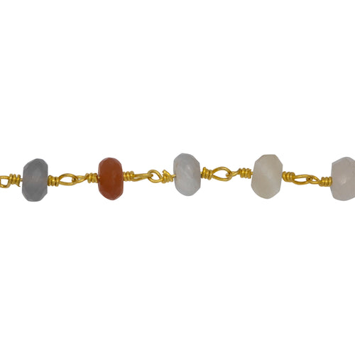 Chain by Foot. Brass Gold Plated 5.9mm Width by 3.8mm Length Natural Hand Cut Moon Stone, Gem Stone Chain. Price per: 1 Inch.