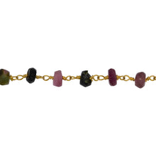 Load image into Gallery viewer, Chain by Foot. Brass Gold Plated 5.10mm Width by 2.95mm Length Natural Hand Cut Multi Tourmaline Stone, Gem Stone Chain. Price per: 1 Inch.

