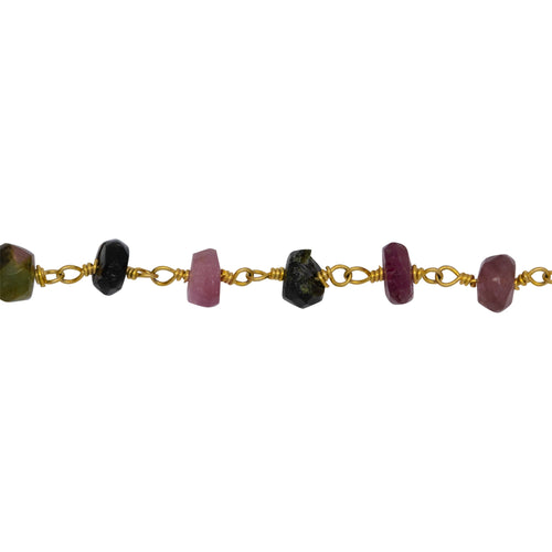 Chain by Foot. Brass Gold Plated 5.10mm Width by 2.95mm Length Natural Hand Cut Multi Tourmaline Stone, Gem Stone Chain. Price per: 1 Inch.