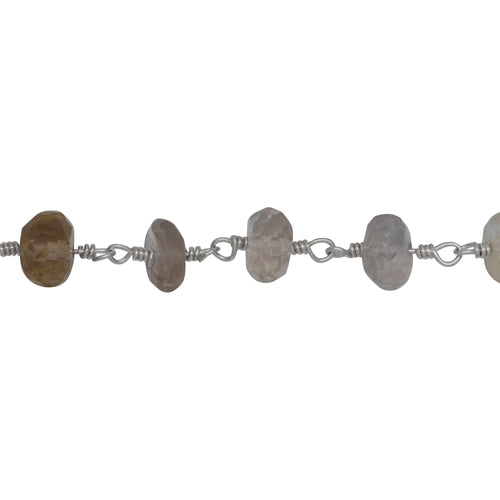 Chain by Foot. Brass Silver Plated 6.95mm Width by 5.25mm Length Natural Hand Cut Rutilated Quartz, Gem Stone Chain. Price per: 1 Inch.