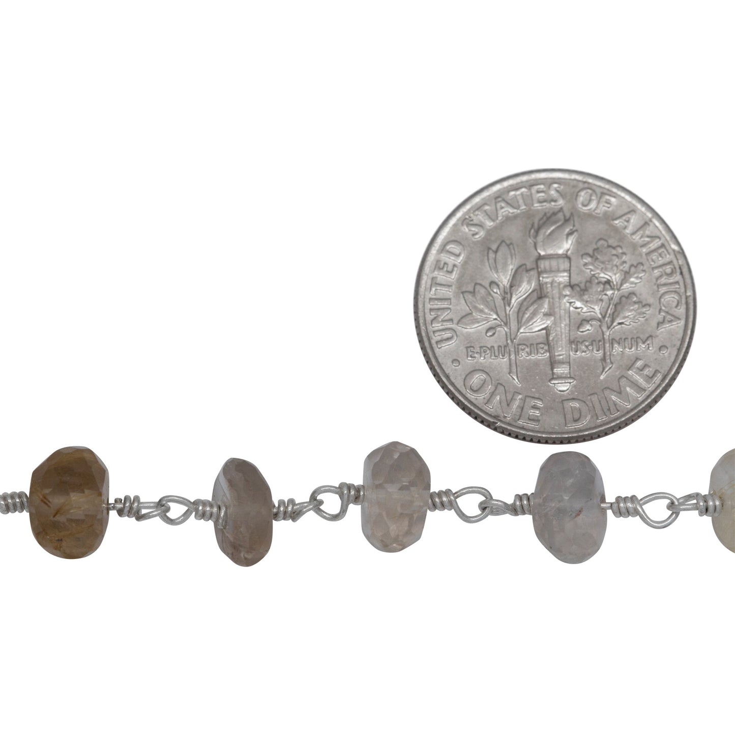 Brass Silver Plated 6.95mm Width by 5.25mm Length Natural Hand Cut Rutilated Quartz, Gem Stone Chain. Price per: 1 Inch.