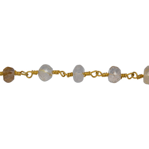 Chain by Foot. Brass Gold Plated 5.15mm Width by 3.60mm Length Natural Hand Cut Rutilated Quartz, Gem Stone Chain. Price per: 1 Inch.