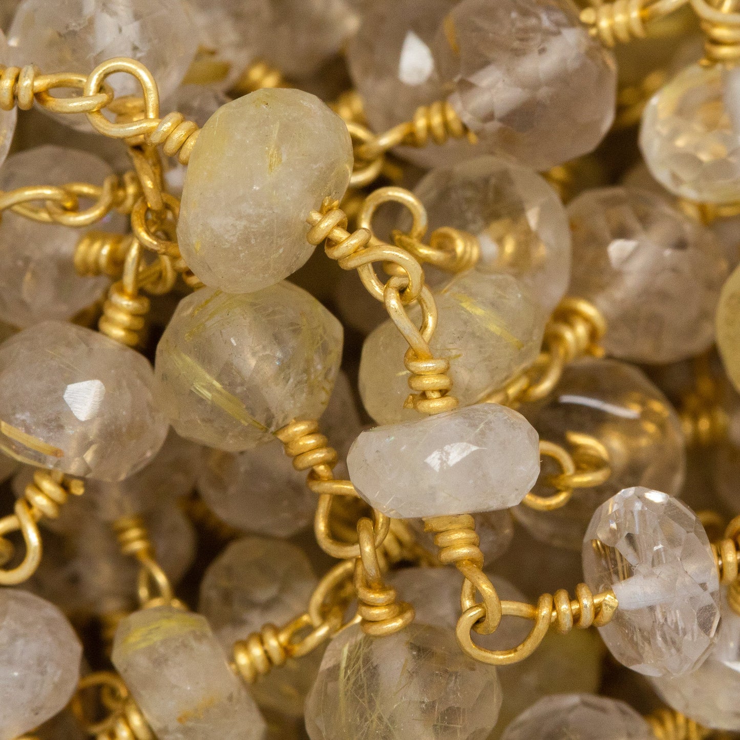 Brass Gold Plated 5.15mm Width by 3.60mm Length Natural Hand Cut Rutilated Quartz, Gem Stone Chain. Price per: 1 Inch.