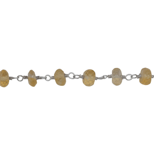 Chain by Foot. Brass Silver Plated 4.90mm Width by 2.75mm Length Natural Hand Cut Citrine Stone, Gem Stone Chain. Price per: 1 Inch.