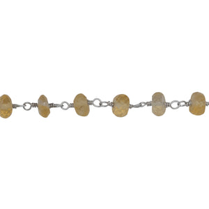 Chain by Foot. Brass Silver Plated 4.90mm Width by 2.75mm Length Natural Hand Cut Citrine Stone, Gem Stone Chain. Price per: 1 Inch.