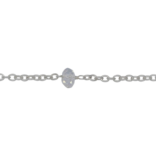 Chain by Foot. Sterling Silver 2.20mm Width by 2.80mm Length Smooth Cable Chain, Followed by 6.10mm Width by 4.10mm Length Natural Hand Cut AB Crystal Stone Every 2 Inches, Gem Stone Chain. Price per: 1 Inch.