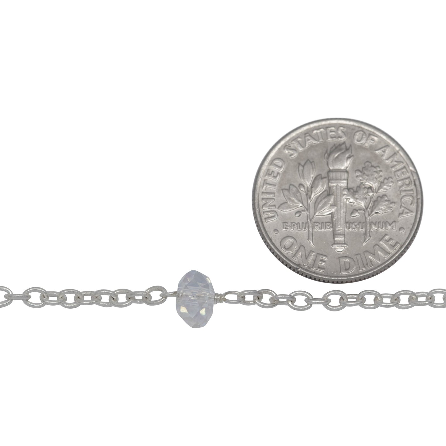 Sterling Silver 2.20mm Width by 2.80mm Length Smooth Cable Chain, Followed by 6.10mm Width by 4.10mm Length Natural Hand Cut AB Crystal Stone Every 2 Inches, Gem Stone Chain. Price per: 1 Inch.