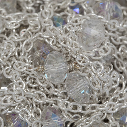 Sterling Silver 2.20mm Width by 2.80mm Length Smooth Cable Chain, Followed by 6.10mm Width by 4.10mm Length Natural Hand Cut AB Crystal Stone Every 2 Inches, Gem Stone Chain. Price per: 1 Inch.
