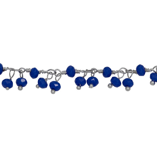 Chain by Foot. Brass Silver Plated 3.50mm Width by 2.45mm Length Natural Hand Cut Lapis Stone, With Two of 3.40mm Width by 2.75mm Length Lapis Stone Hanging off the Chain, Gem Stone Chain. Price per: 1 Inch.