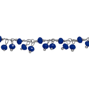 Chain by Foot. Brass Silver Plated 3.50mm Width by 2.45mm Length Natural Hand Cut Lapis Stone, With Two of 3.40mm Width by 2.75mm Length Lapis Stone Hanging off the Chain, Gem Stone Chain. Price per: 1 Inch.