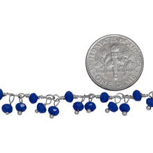 Load image into Gallery viewer, Brass Silver Plated 3.50mm Width by 2.45mm Length Natural Hand Cut Lapis Stone, With Two of 3.40mm Width by 2.75mm Length Lapis Stone Hanging off the Chain, Gem Stone Chain. Price per: 1 Inch.
