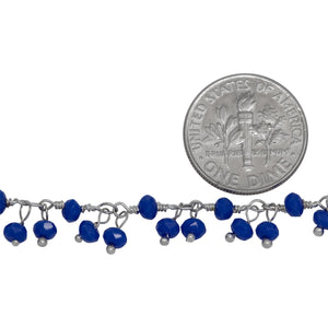 Brass Silver Plated 3.50mm Width by 2.45mm Length Natural Hand Cut Lapis Stone, With Two of 3.40mm Width by 2.75mm Length Lapis Stone Hanging off the Chain, Gem Stone Chain. Price per: 1 Inch.