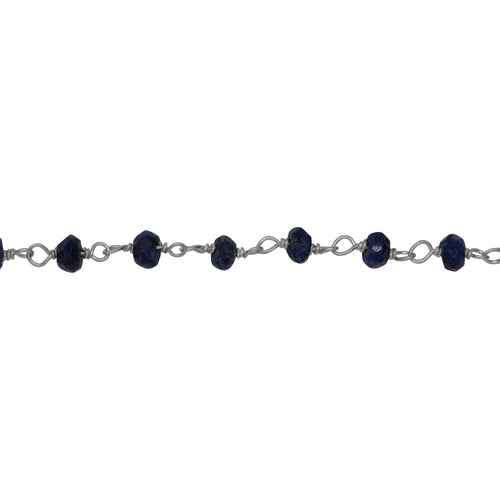 Chain by Foot. Brass Silver Plated 4.1mm Width by 2.9mm Length Natural Hand Cut Lapis Stone, Gem Stone Chain. Price per: 1 Inch.