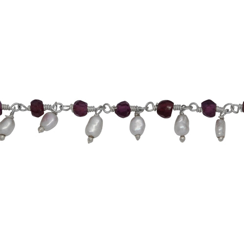 Chain by Foot. Brass Silver Plated 3.3mm Width by 2.45mm Length Natural Hand Cut Garnet Stone, With One of 2.7mm Width by 3.6mm Length Rice Pearl Hanging off the Chain, Gem Stone Chain. Price per: 1 Inch.