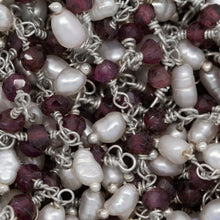 Load image into Gallery viewer, Brass Silver Plated 3.3mm Width by 2.45mm Length Natural Hand Cut Garnet Stone, With One of 2.7mm Width by 3.6mm Length Rice Pearl Hanging off the Chain, Gem Stone Chain. Price per: 1 Inch.
