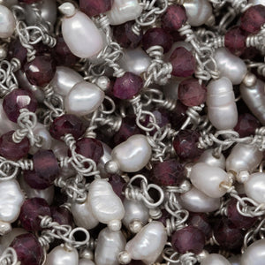 Brass Silver Plated 3.3mm Width by 2.45mm Length Natural Hand Cut Garnet Stone, With One of 2.7mm Width by 3.6mm Length Rice Pearl Hanging off the Chain, Gem Stone Chain. Price per: 1 Inch.