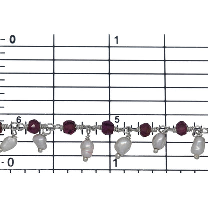 Brass Silver Plated 3.3mm Width by 2.45mm Length Natural Hand Cut Garnet Stone, With One of 2.7mm Width by 3.6mm Length Rice Pearl Hanging off the Chain, Gem Stone Chain. Price per: 1 Inch.