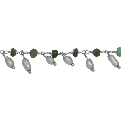 Chain by Foot. Brass Silver Plated 3.4mm Width by 2.3mm Length Natural Hand Cut Chrysoprase Stone, With One of 3.0mm Width by 4.1mm Length Rice Pearl Hanging off the Chain, Gem Stone Chain. Price per: 1 Inch.