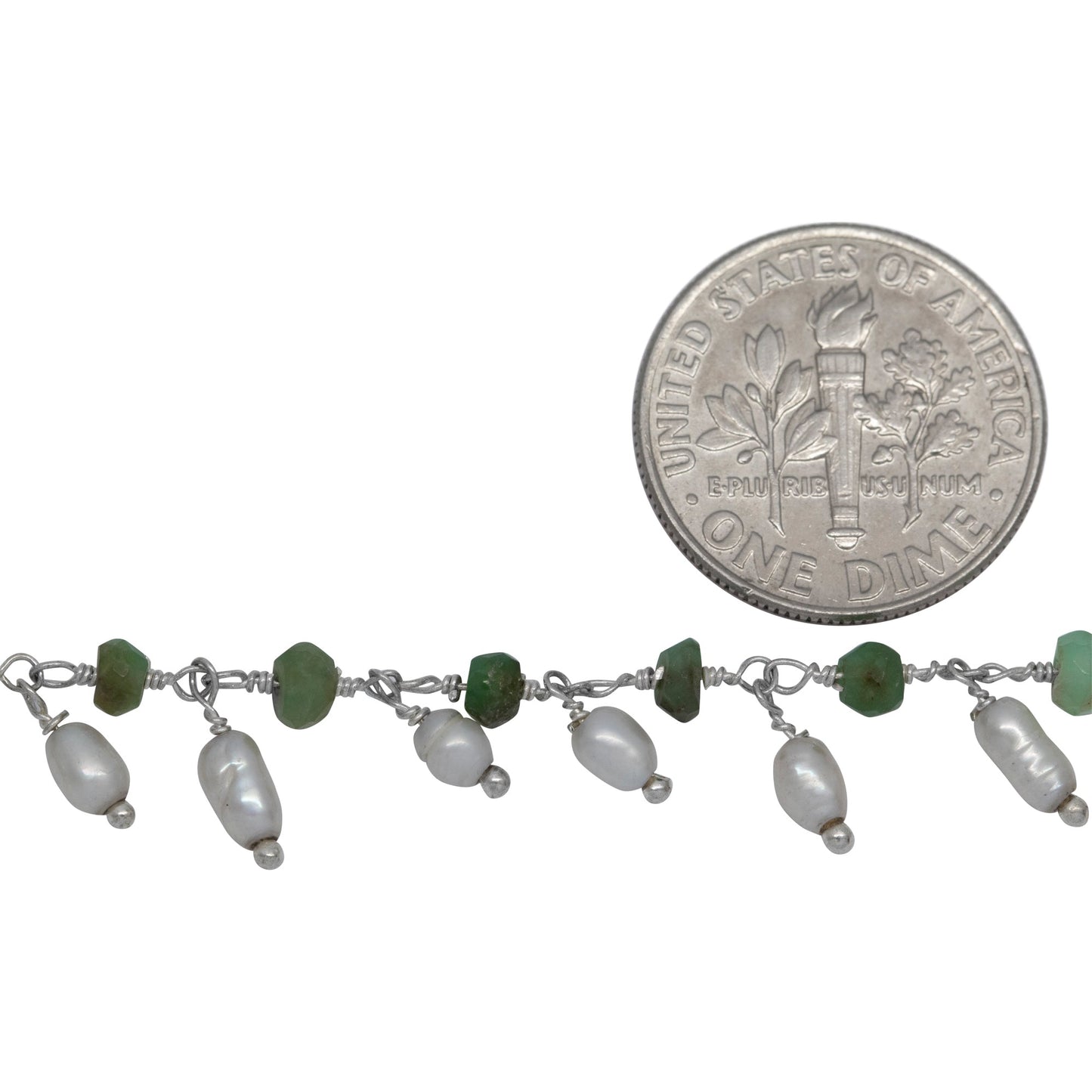 Brass Silver Plated 3.4mm Width by 2.3mm Length Natural Hand Cut Chrysoprase Stone, With One of 3.0mm Width by 4.1mm Length Rice Pearl Hanging off the Chain, Gem Stone Chain. Price per: 1 Inch.