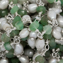 Load image into Gallery viewer, Brass Silver Plated 3.4mm Width by 2.3mm Length Natural Hand Cut Chrysoprase Stone, With One of 3.0mm Width by 4.1mm Length Rice Pearl Hanging off the Chain, Gem Stone Chain. Price per: 1 Inch.
