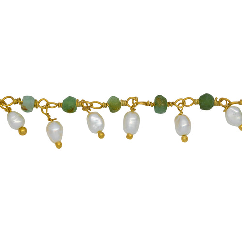 Chain by Foot. Brass Gold Plated 3.4mm Width by 2.3mm Length Natural Hand Cut Chrysoprase Stone, With One of 3.0mm Width by 4.1mm Length Rice Pearl Hanging off the Chain, Gem Stone Chain. Price per: 1 Inch.