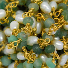 Load image into Gallery viewer, Brass Gold Plated 3.4mm Width by 2.3mm Length Natural Hand Cut Chrysoprase Stone, With One of 3.0mm Width by 4.1mm Length Rice Pearl Hanging off the Chain, Gem Stone Chain. Price per: 1 Inch.
