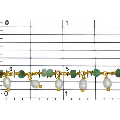 Brass Gold Plated 3.4mm Width by 2.3mm Length Natural Hand Cut Chrysoprase Stone, With One of 3.0mm Width by 4.1mm Length Rice Pearl Hanging off the Chain, Gem Stone Chain. Price per: 1 Inch.