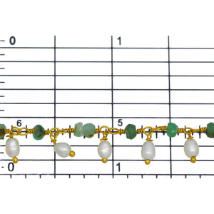 Brass Gold Plated 3.4mm Width by 2.3mm Length Natural Hand Cut Chrysoprase Stone, With One of 3.0mm Width by 4.1mm Length Rice Pearl Hanging off the Chain, Gem Stone Chain. Price per: 1 Inch.