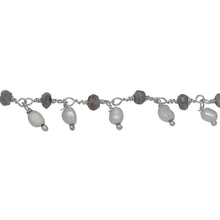 Load image into Gallery viewer, Chain by Foot. Brass Silver Plated 3.35mm Width by 2.25mm Length Natural Hand Cut Labradorite Stone, With One of 3.10mm Width by 3.75mm Length Rice Pearl Hanging off the Chain, Gem Stone Chain. Price per: 1 Inch.
