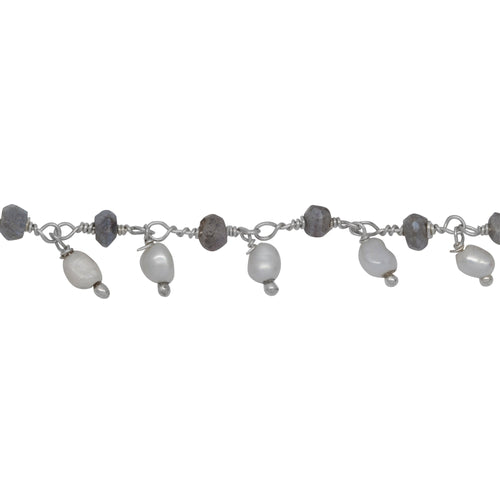 Chain by Foot. Brass Silver Plated 3.35mm Width by 2.25mm Length Natural Hand Cut Labradorite Stone, With One of 3.10mm Width by 3.75mm Length Rice Pearl Hanging off the Chain, Gem Stone Chain. Price per: 1 Inch.