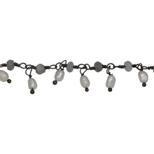 Load image into Gallery viewer, Chain by Foot. Brass Oxidized 3.35mm Width by 2.25mm Length Natural Hand Cut Labradorite Stone, With One of 3.10mm Width by 3.75mm Length Rice Pearl Hanging off the Chain, Gem Stone Chain. Price per: 1 Inch.
