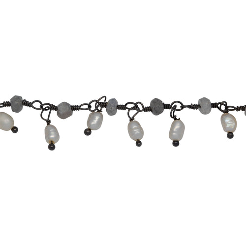 Chain by Foot. Brass Oxidized 3.35mm Width by 2.25mm Length Natural Hand Cut Labradorite Stone, With One of 3.10mm Width by 3.75mm Length Rice Pearl Hanging off the Chain, Gem Stone Chain. Price per: 1 Inch.