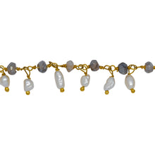 Load image into Gallery viewer, Chain by Foot. Brass Gold Plated 3.35mm Width by 2.25mm Length Natural Hand Cut Labradorite Stone, With One of 3.10mm Width by 3.75mm Length Rice Pearl Hanging off the Chain, Gem Stone Chain. Price per: 1 Inch.
