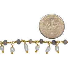 Load image into Gallery viewer, Brass Gold Plated 3.35mm Width by 2.25mm Length Natural Hand Cut Labradorite Stone, With One of 3.10mm Width by 3.75mm Length Rice Pearl Hanging off the Chain, Gem Stone Chain. Price per: 1 Inch.
