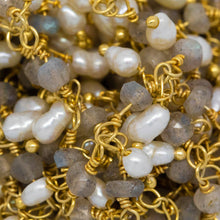 Load image into Gallery viewer, Brass Gold Plated 3.35mm Width by 2.25mm Length Natural Hand Cut Labradorite Stone, With One of 3.10mm Width by 3.75mm Length Rice Pearl Hanging off the Chain, Gem Stone Chain. Price per: 1 Inch.
