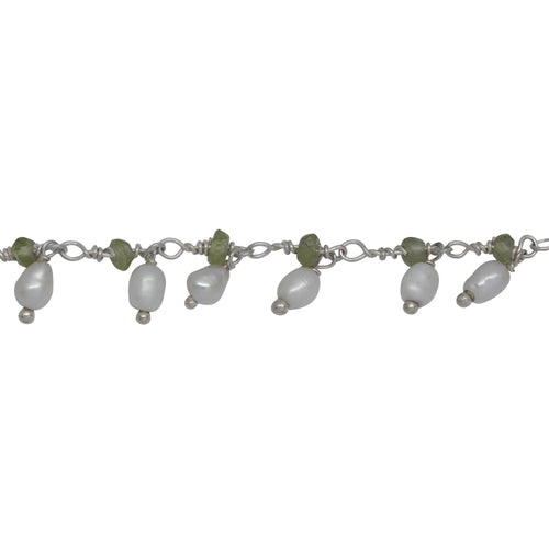 Chain by Foot. Brass Silver Plated 3.55mm Width by 2.50mm Length Natural Hand Cut Peridot Stone, With One of 3.10mm Width by 3.95mm Length Rice Pearl Hanging off the Chain, Gem Stone Chain. Price per: 1 Inch.